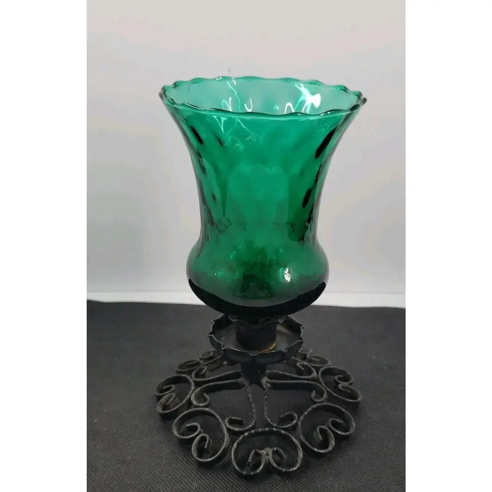 Vintage Emerald Green Glass Hurricane Candle Holder Black Scroll Iron Base Decor